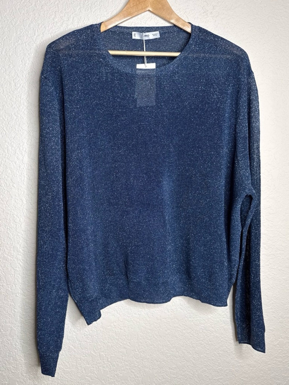 MNG by Mango NWT Navy Metallic Shimmer Oversized Crewneck Sweater XL Blue Sheer